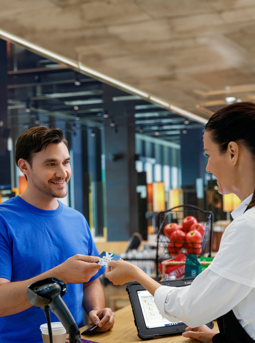 man speaking to woman